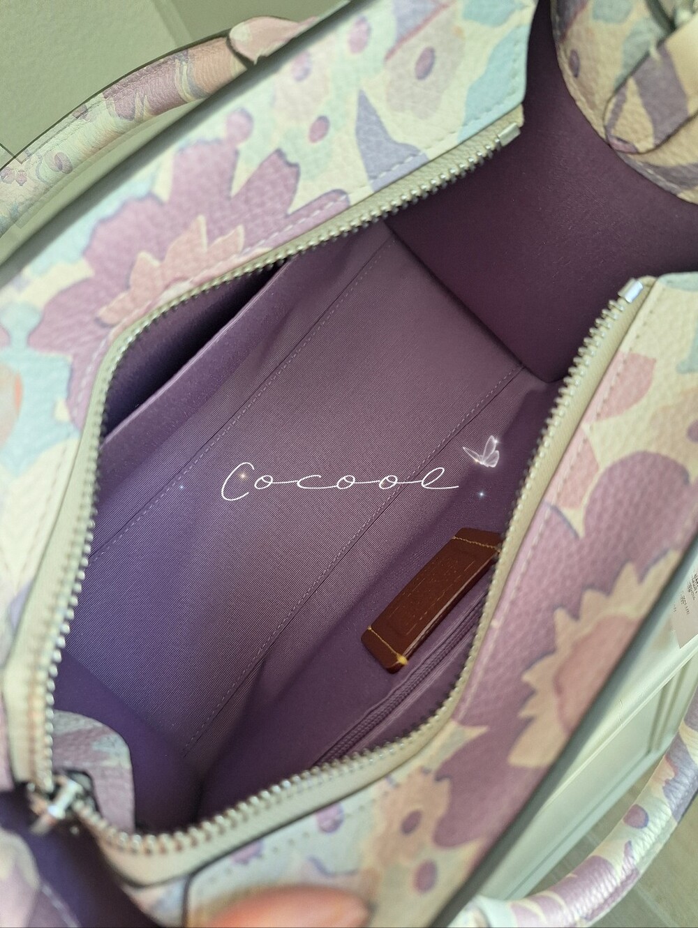 NEW COACH Maggie Small Tote Bag Crossbody Floral Print In Leather Ivory/Purple - Picture 7 of 8